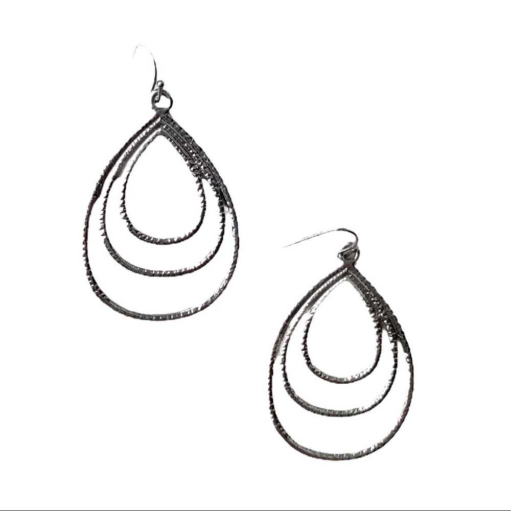 Boutique Sliver Tone Double Tear Drop Textured Drop Earrings